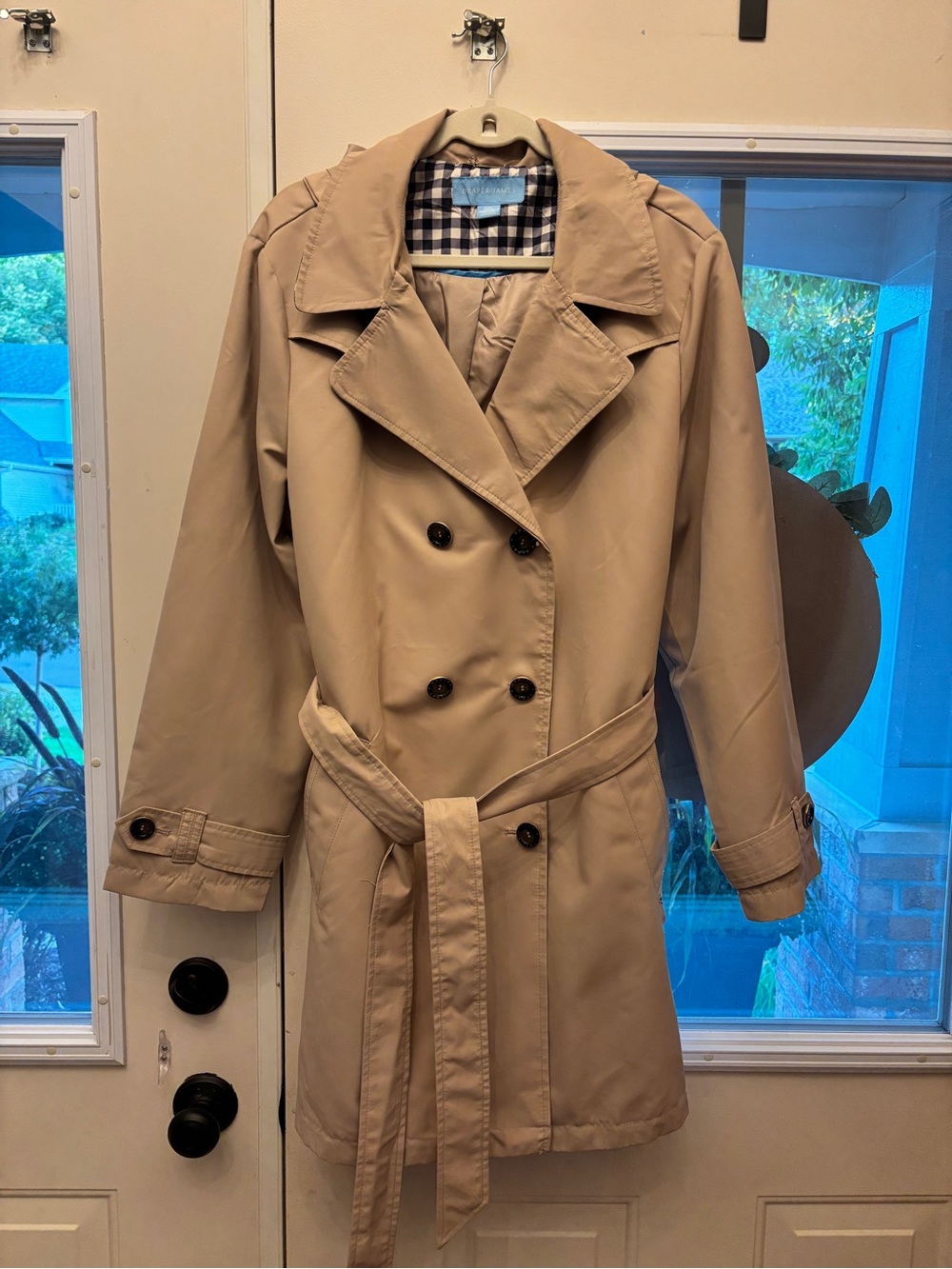 Draper James Beige Double-Breasted Hooded Trench Coat with Belt